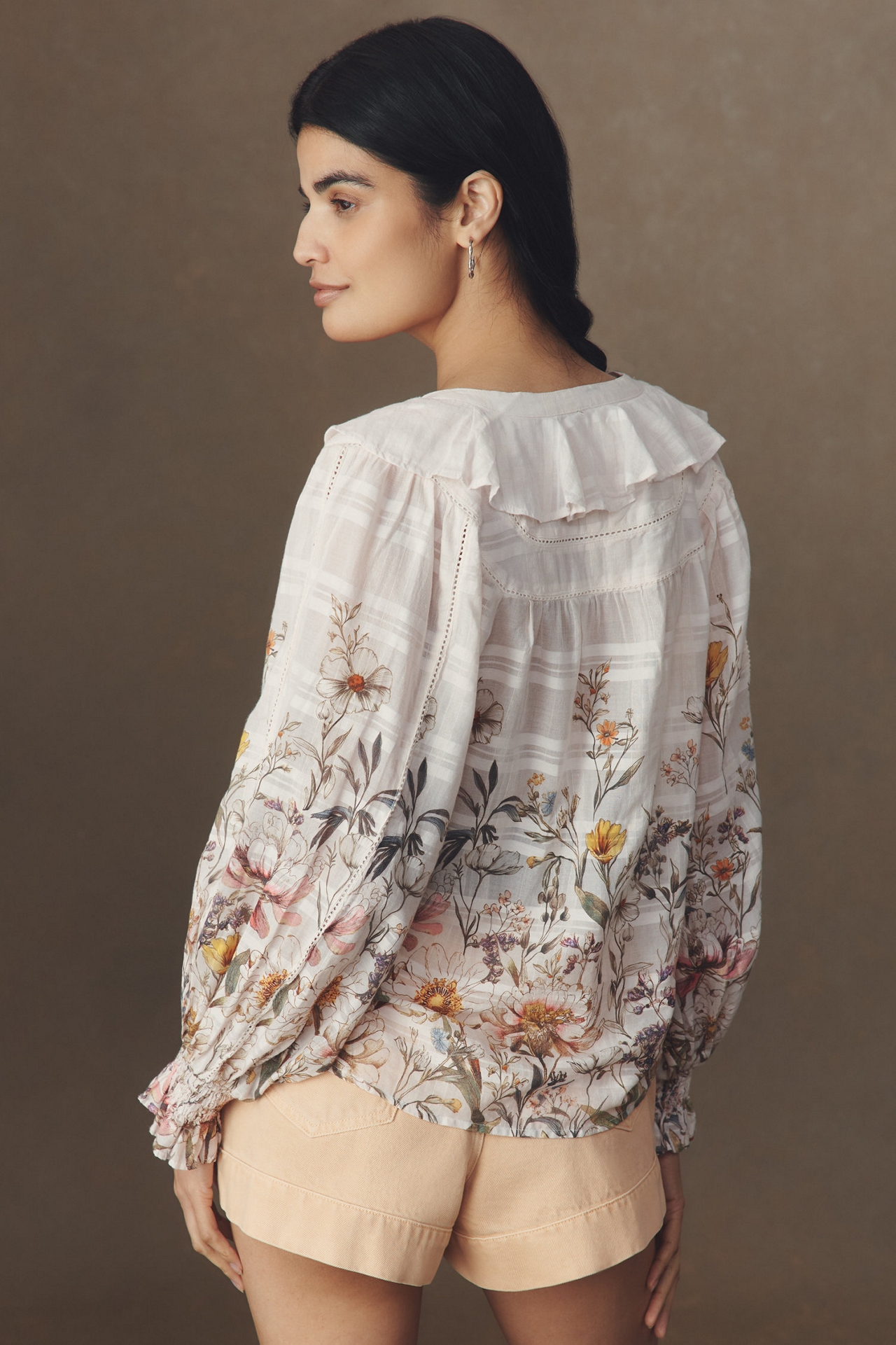 Long-Sleeve V-Neck Ruffle-Front Blouse