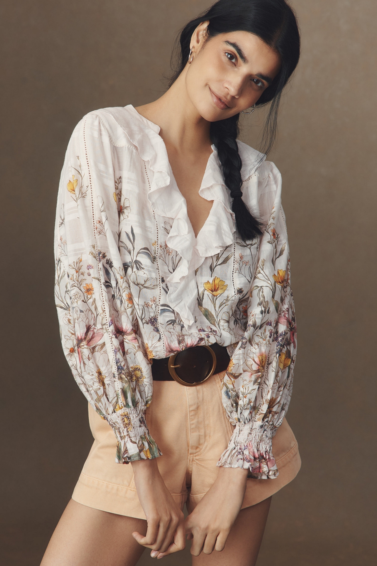 Long-Sleeve V-Neck Ruffle-Front Blouse