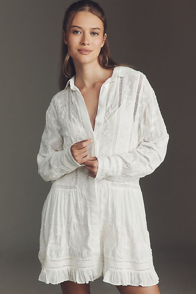 anthropologie embroidered dress By Puff-Sleeve Midi flattering smocked waist Embroidered Mini Shirt Dress |
