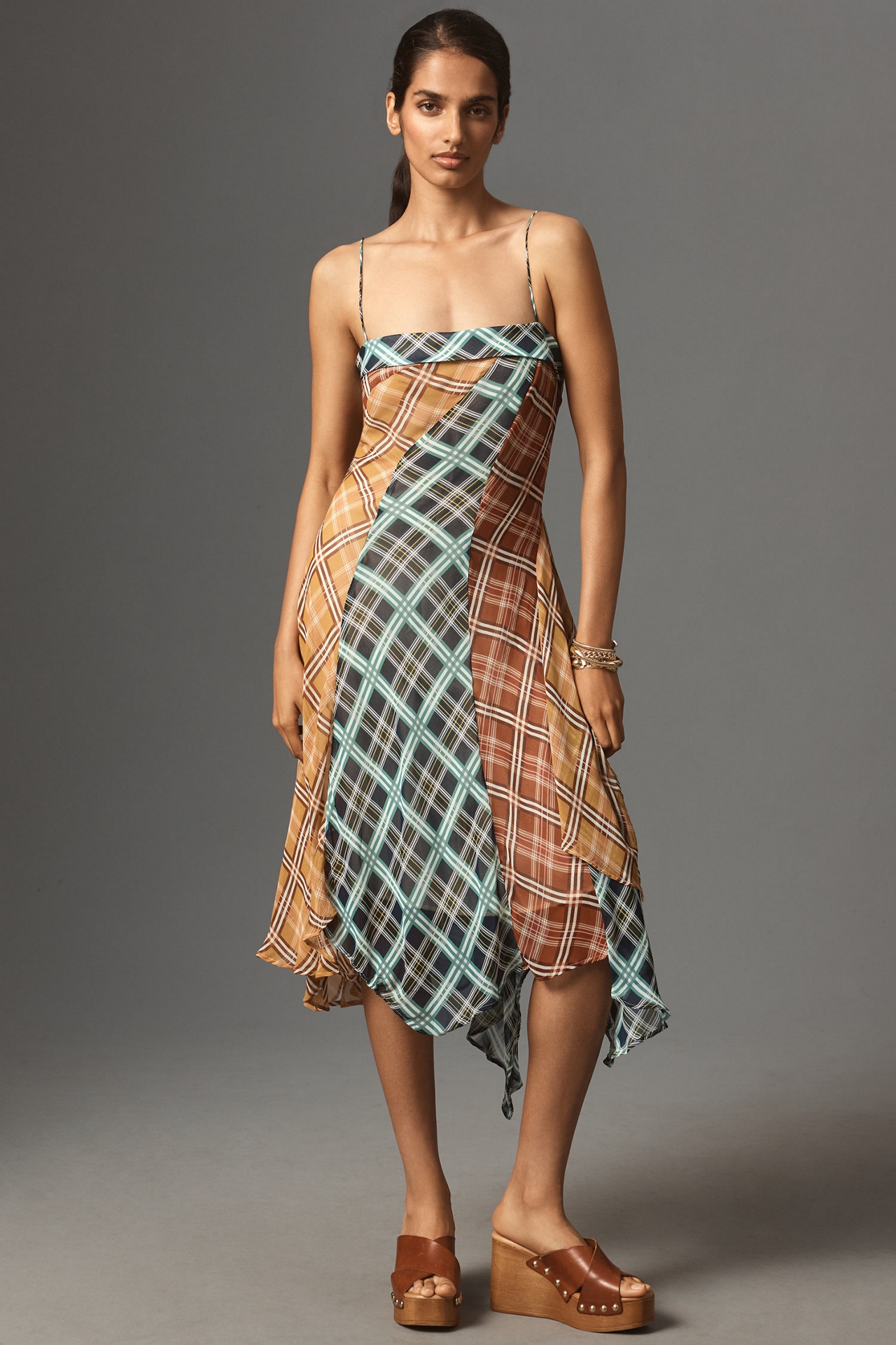 Maeve Sleeveless Asymmetric Plaid Mix Midi Dress