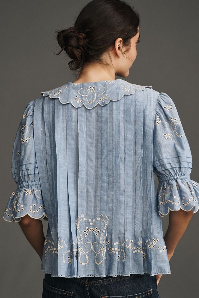 Maeve Short-Sleeve Collared Pleated Blouse #4