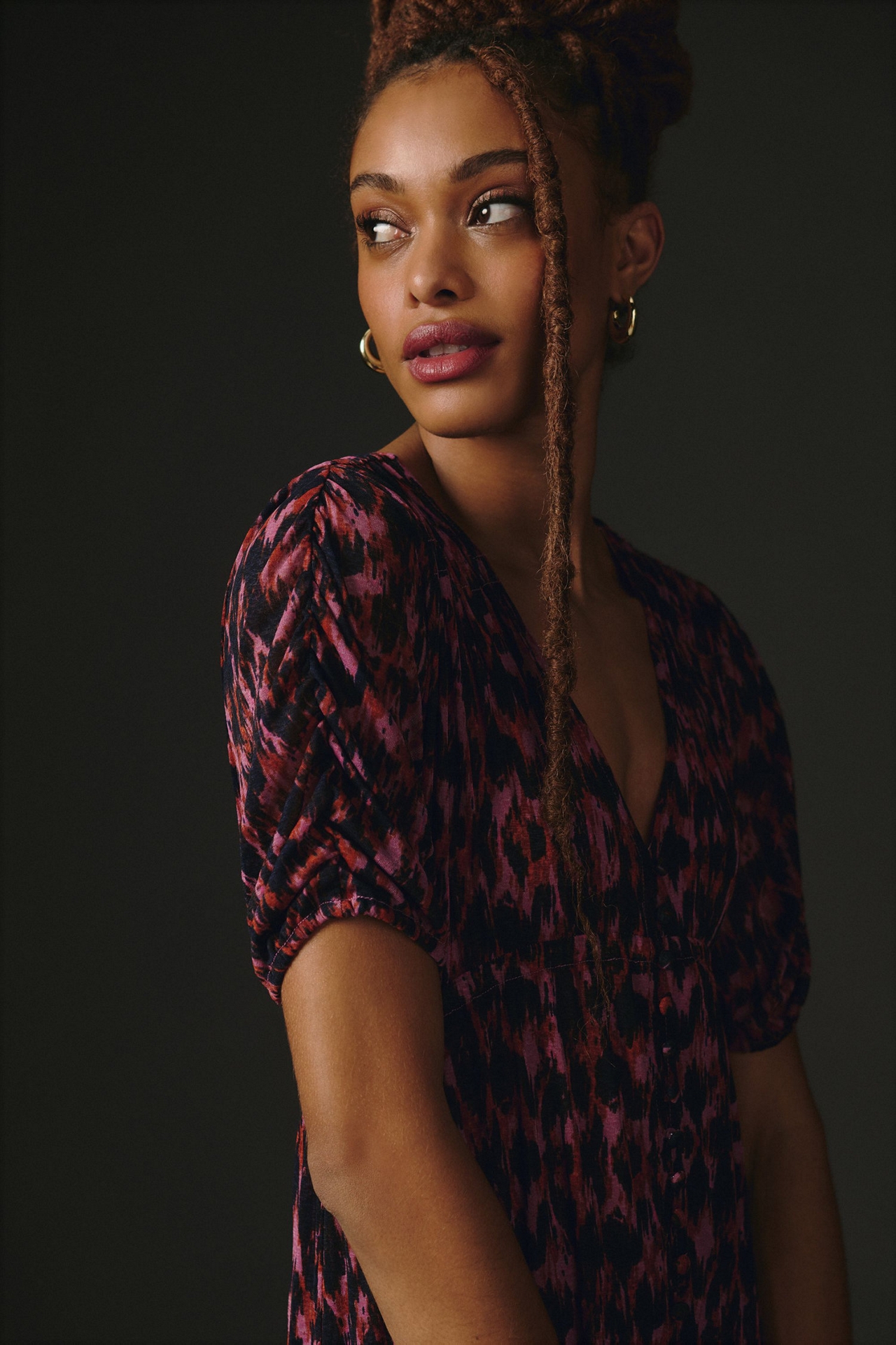 Printed Ruched-Sleeve Maxi Dress