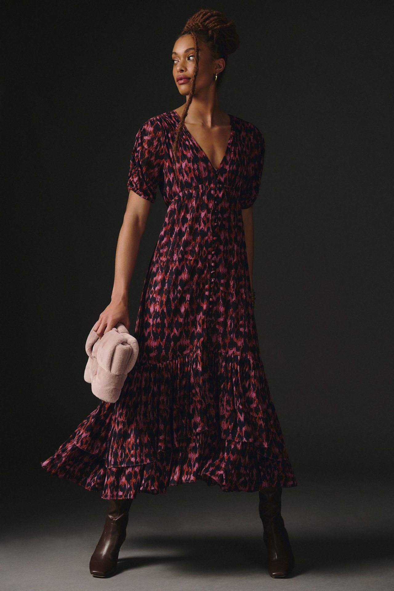 Printed Ruched-Sleeve Maxi Dress