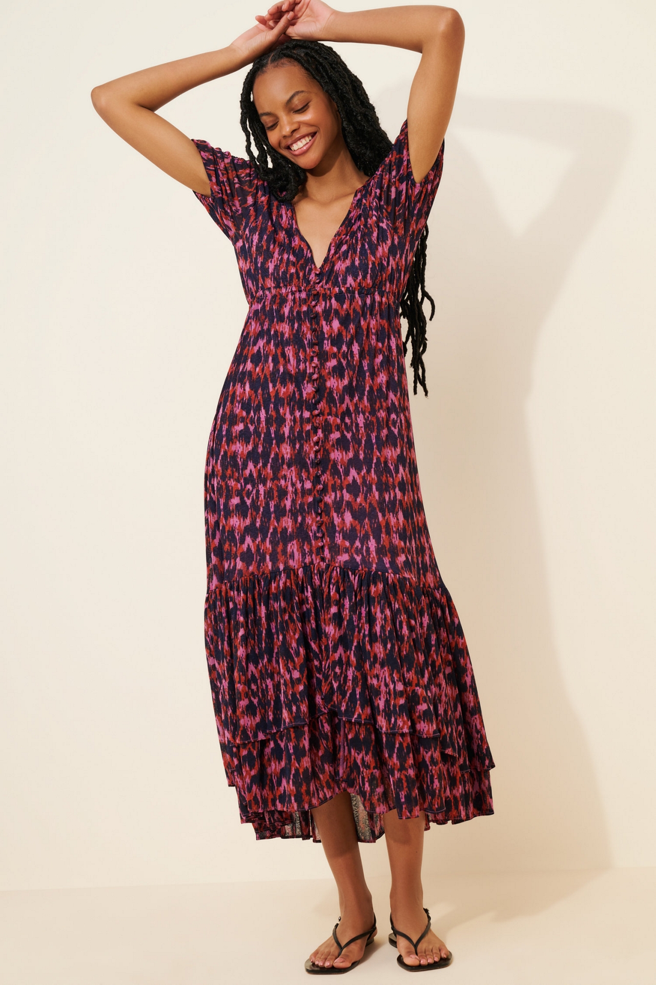 Printed Ruched-Sleeve Maxi Dress