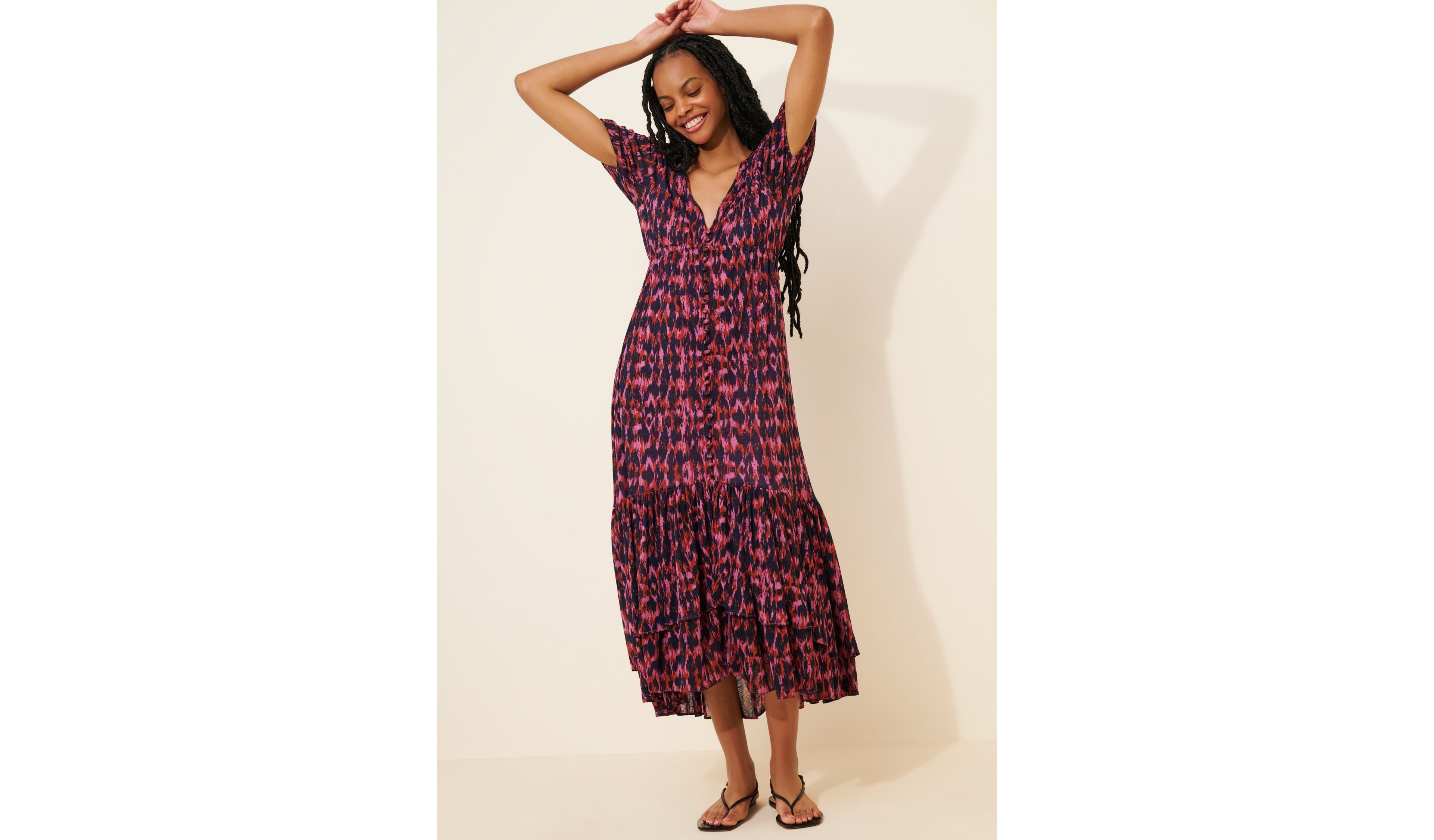 Printed Ruched-Sleeve Maxi Dress