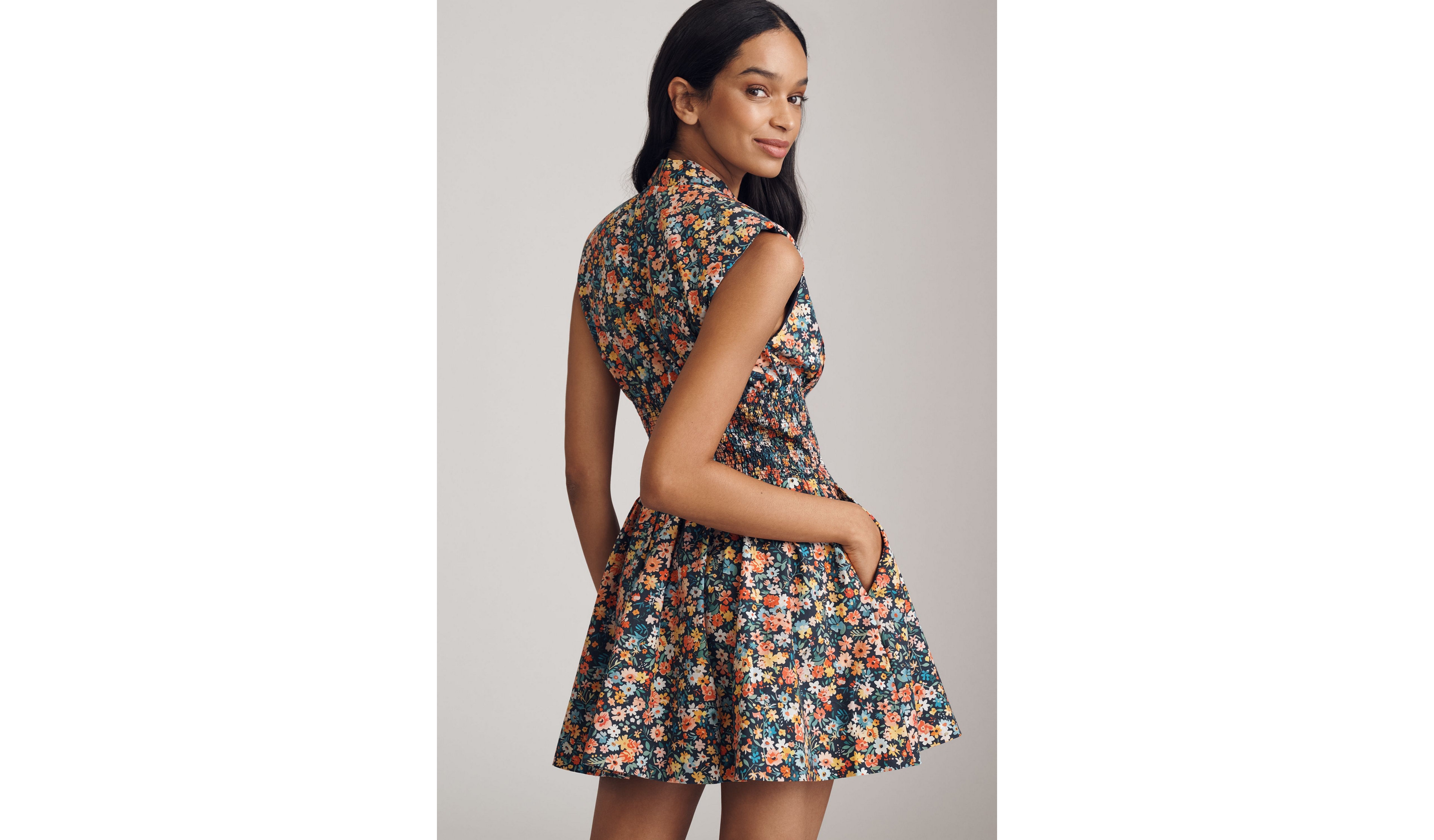 Maeve The Tommie Cap-Sleeve Smocked Front-Zip Shirt Dress: Mini Edition
