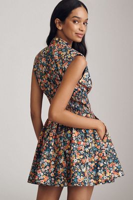 Maeve The Tommie Cap-Sleeve Smocked Front-Zip Shirt Dress: Mini