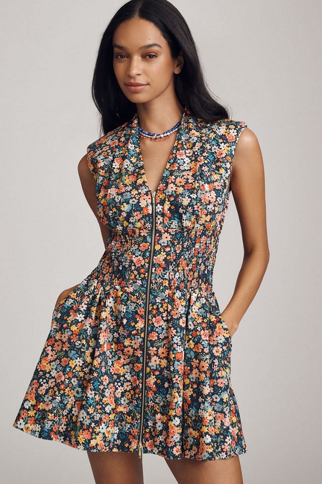 Maeve The Tommie Cap-Sleeve Smocked Front-Zip Shirt Dress: Mini Edition #4