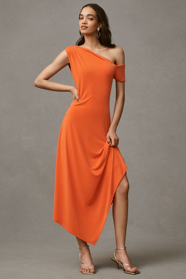 magnolia one-shoulder asymmetric body-con midi dress Magnolia Black Scoop-Neck Midi Dress With Drop-Waist And Ruffling De – Club  L London main image 1