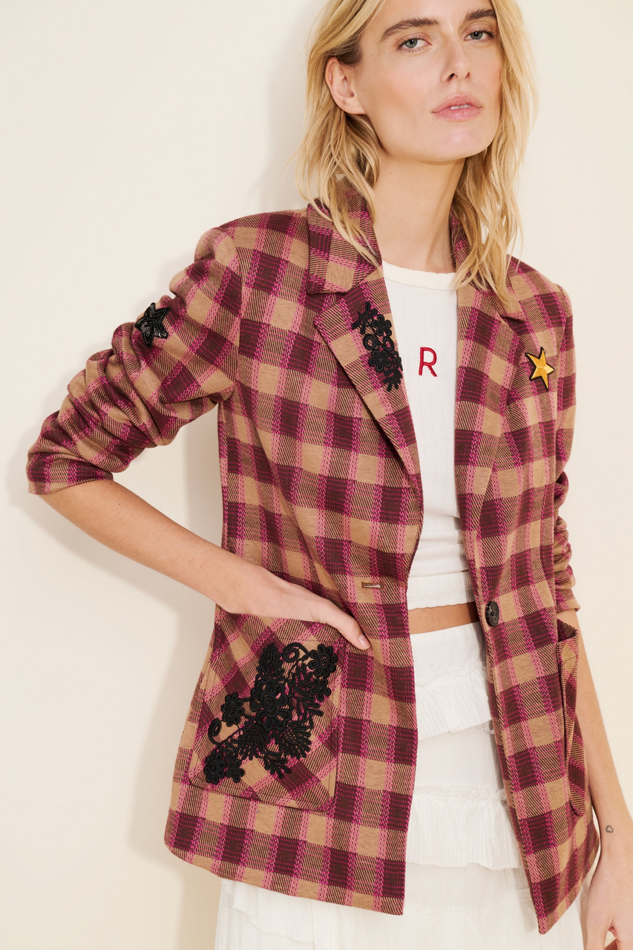 Avec Les Filles Plaid Pin Blazer Jacket