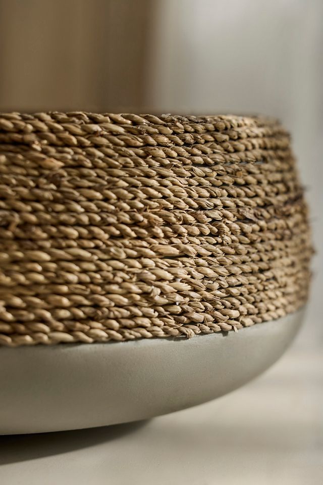 Cement + Seagrass Low Bowl Planter #1