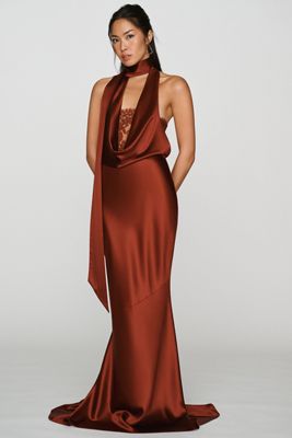 Retrofete Melly Draped Halter Satin Maxi Dress
