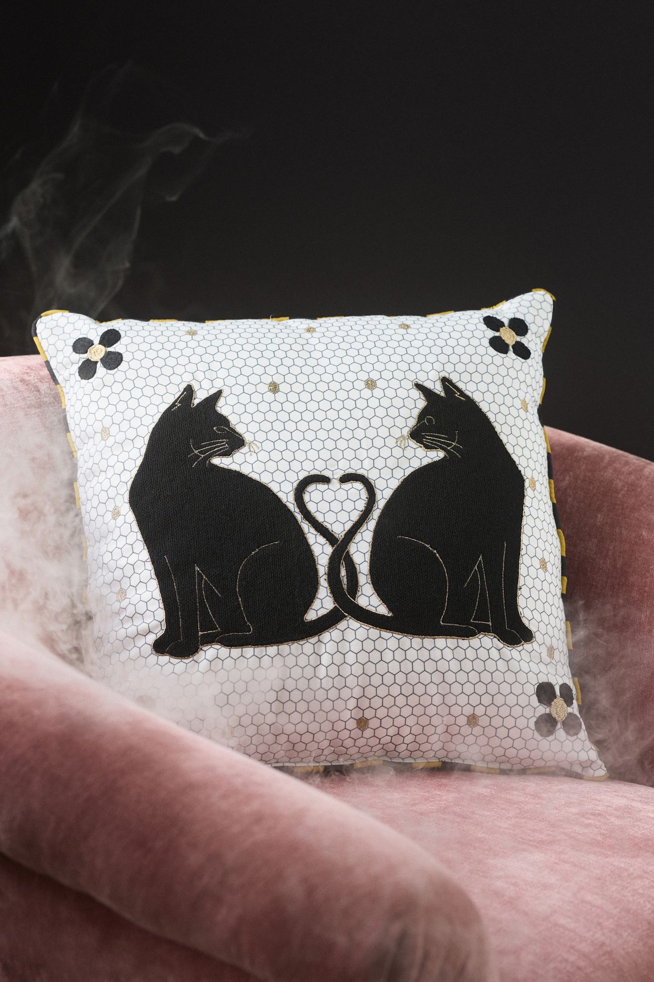 Agatha Embroidered Black Cat Indoor/Outdoor Pillow - Black & White Pattern, 18" X 18"