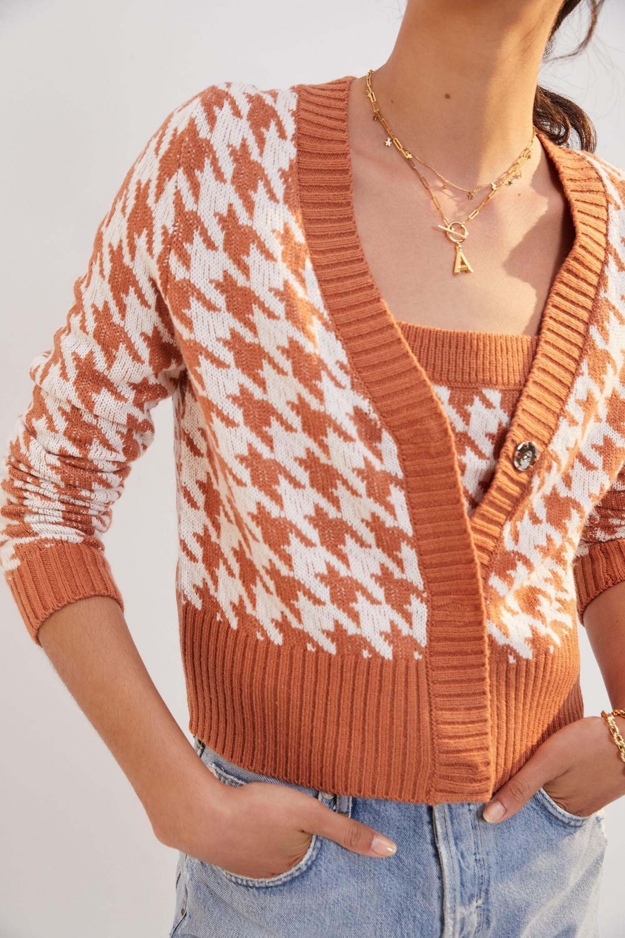 $525 Houndstooth Knit Cardigan