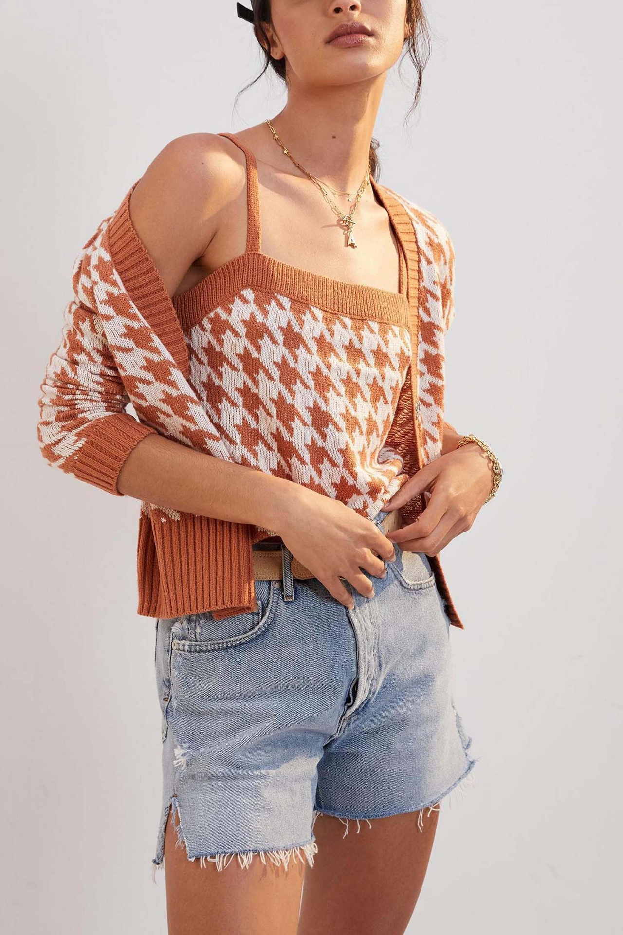 $525 Houndstooth Knit Cardigan