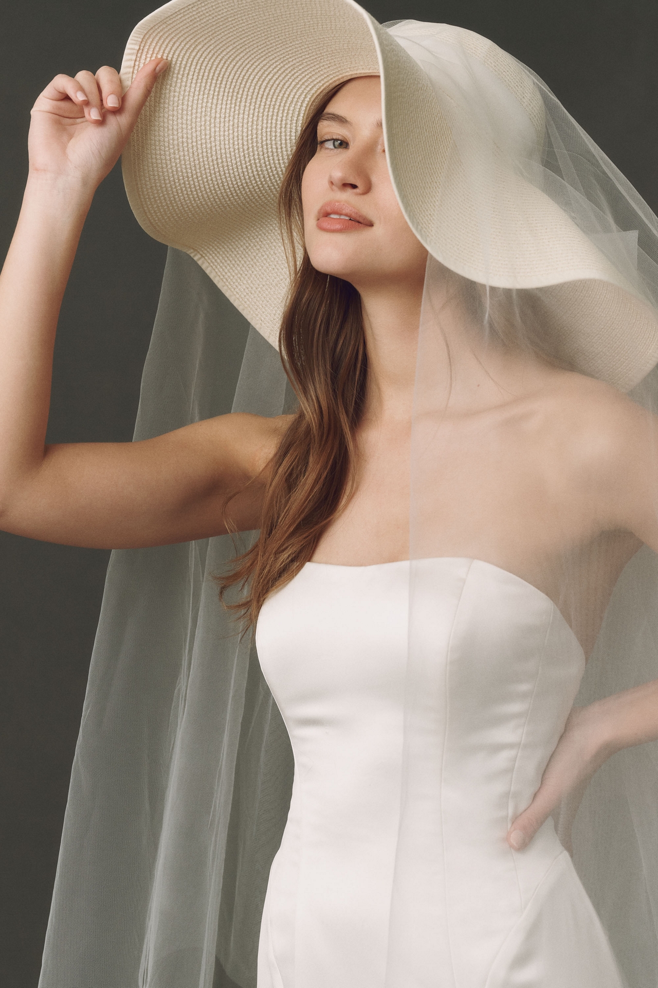 Twigs & Honey Straw Bridal Hat with Chapel Veil
