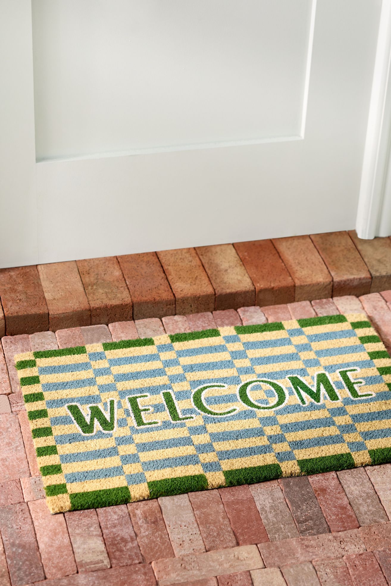 Checkered Welcome Coir Printed Doormat - Moss, 18" x 30"