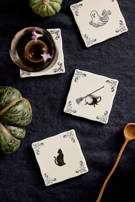 Halloween Delft Stoneware Coasters, Set of 4