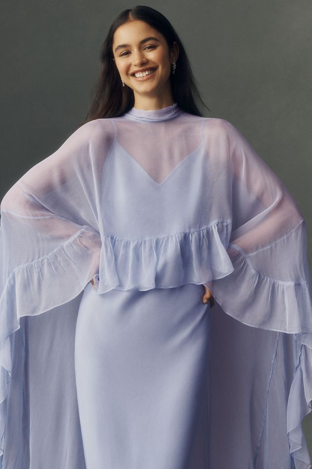 Chiffon Slip Maxi Dress With Ruffle Cape by BHLDN in Blue, Size: Small at Anthropologie
