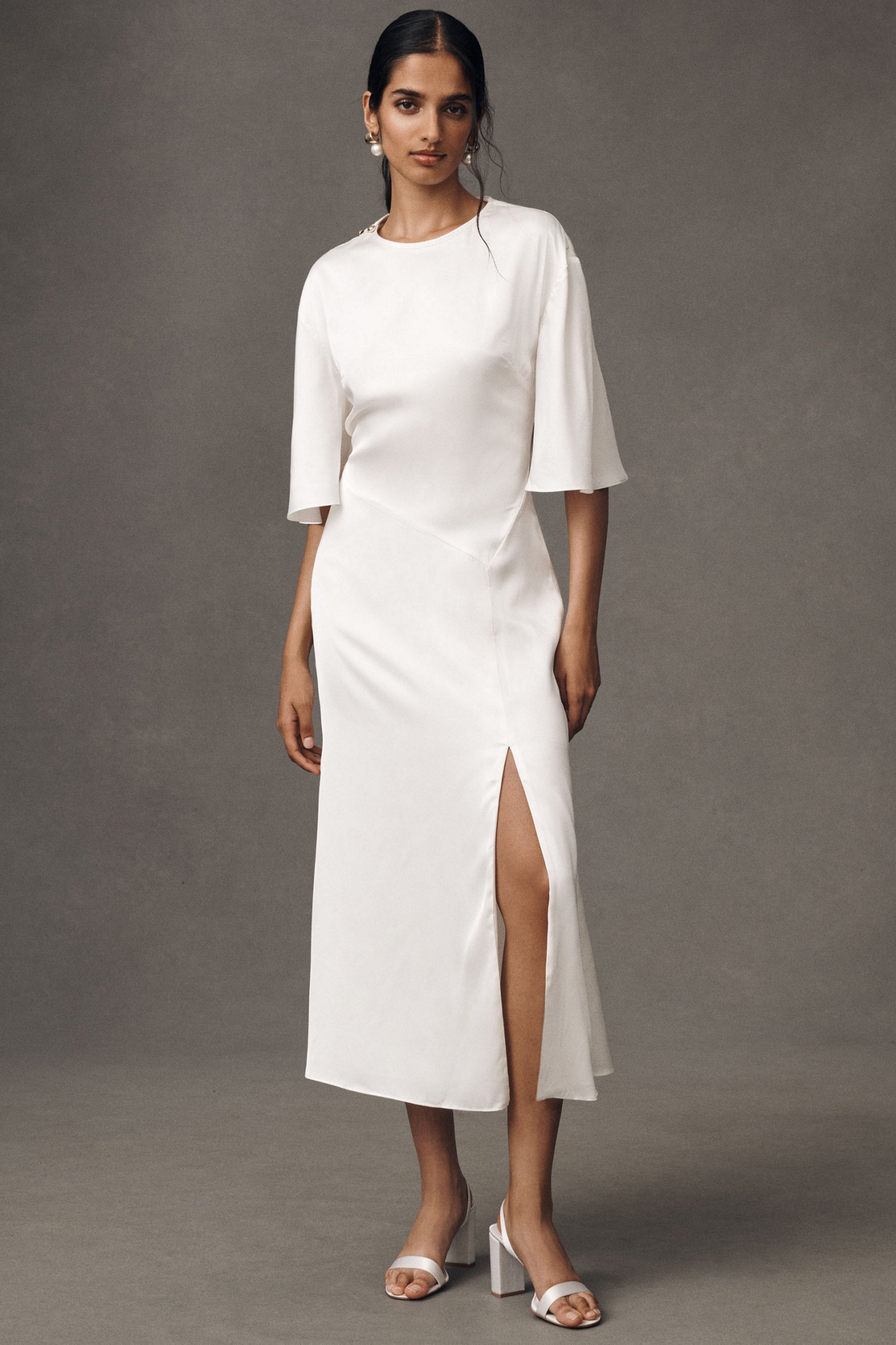 BHLDN Short-Sleeve Crew-Neck Side-Slit Satin Midi Dress