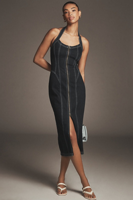 Pilcro Front-Zip Halter Denim Midi Dress | Anthropologie