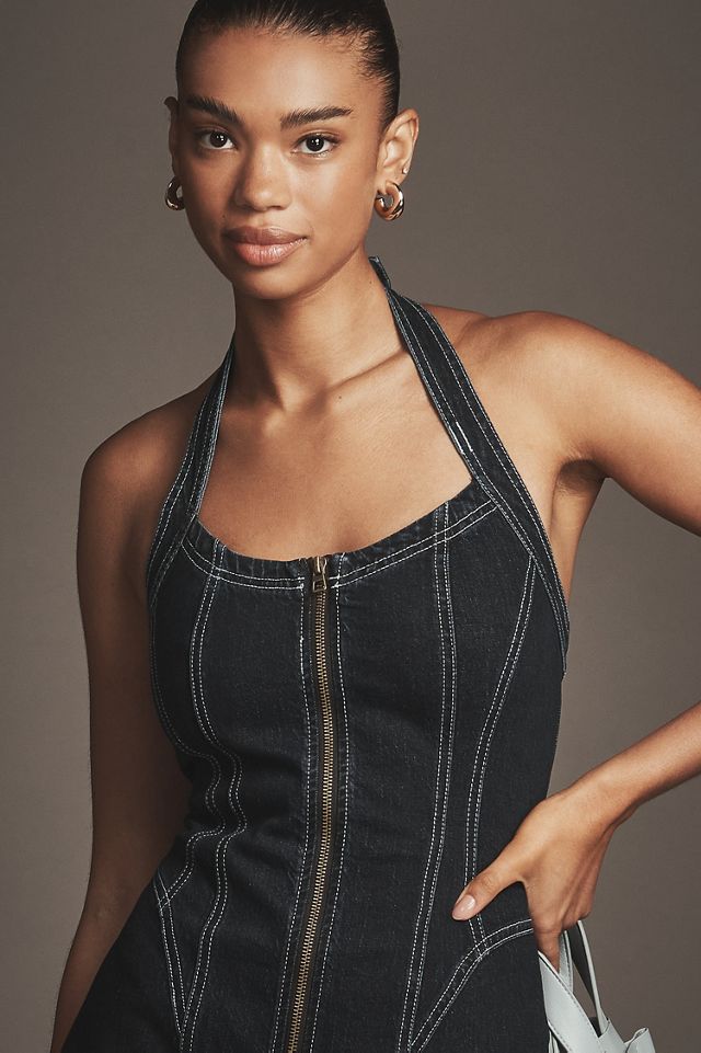 Pilcro Front-Zip Halter Denim Midi Dress | Anthropologie