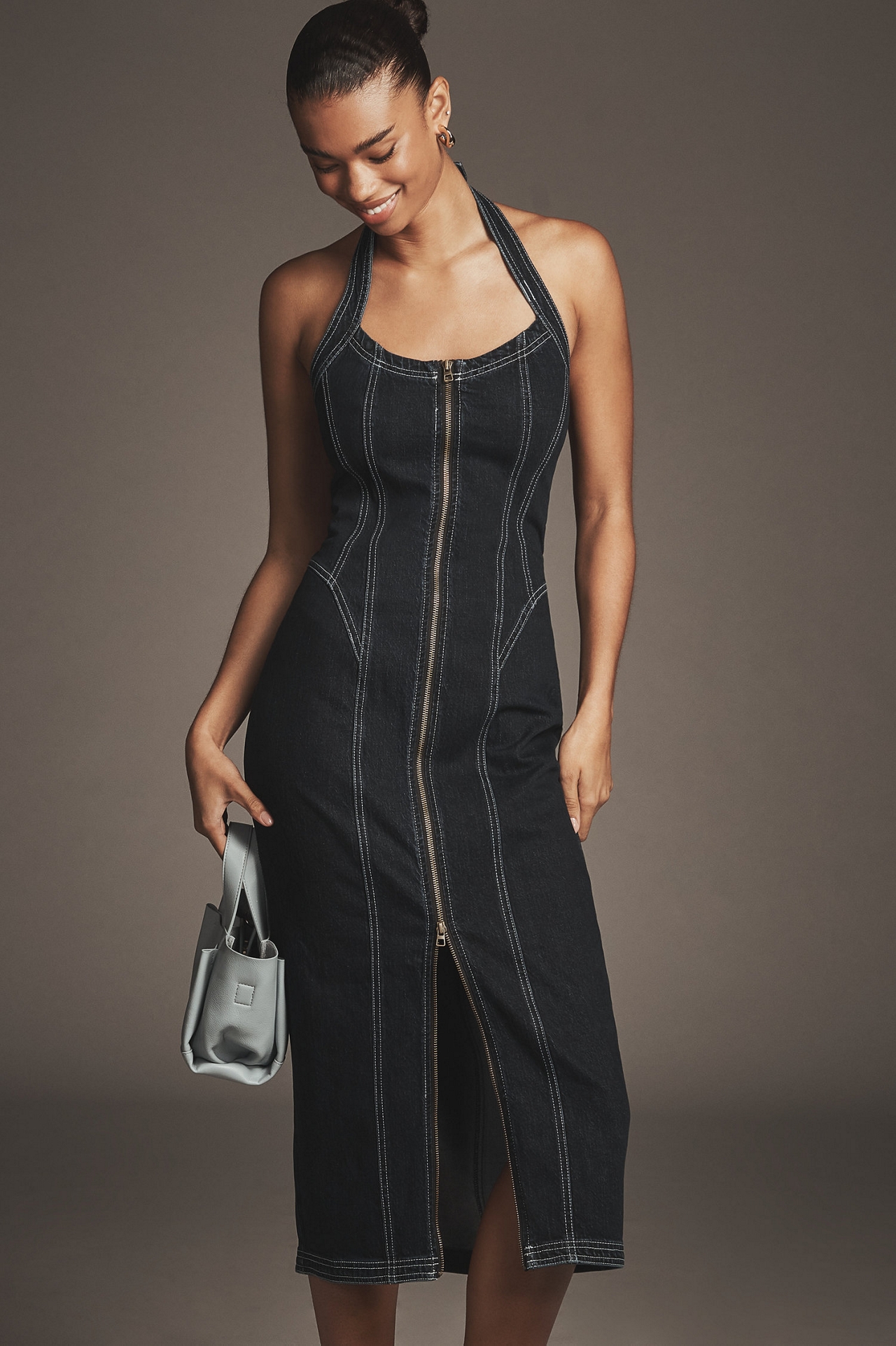 Pilcro Front-Zip Halter Denim Midi Dress