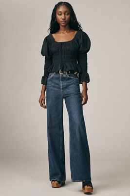 The Liza Smocked Puff-Sleeve Denim Blouse | Anthropologie