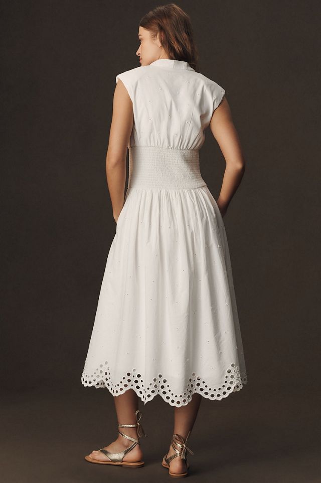Maeve The Tommie Cap-Sleeve Smocked Front-Zip Shirt Dress: Eyelet-Trim Edition #3