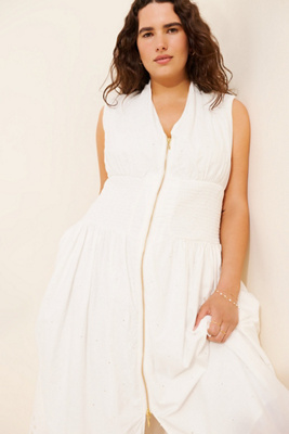Maeve The Tommie Cap-Sleeve Smocked Front-Zip Shirt Dress: Eyelet