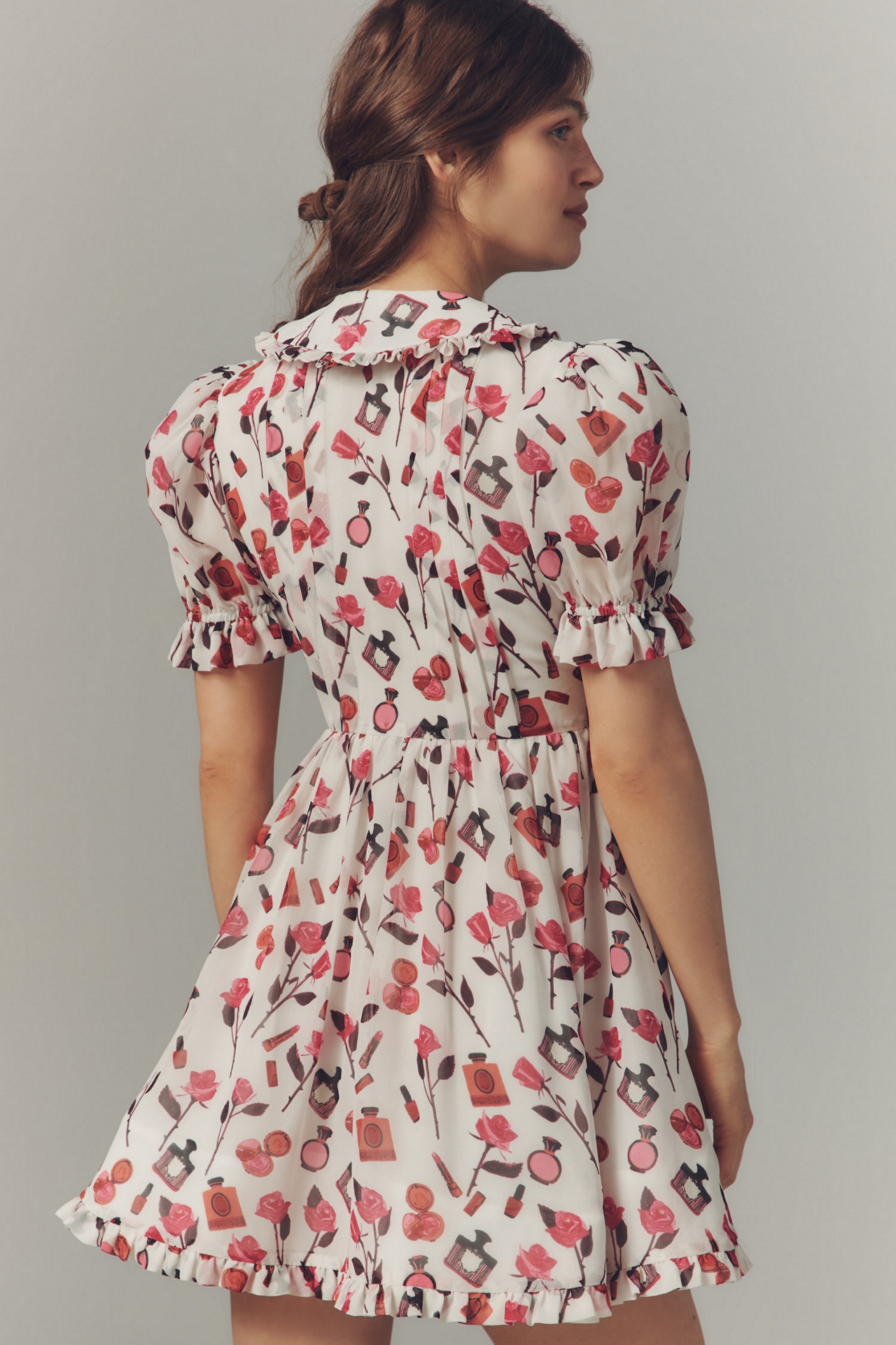 Maeve Makhoul Puff-Sleeve Collared Bow-Front Pleated Mini Dress