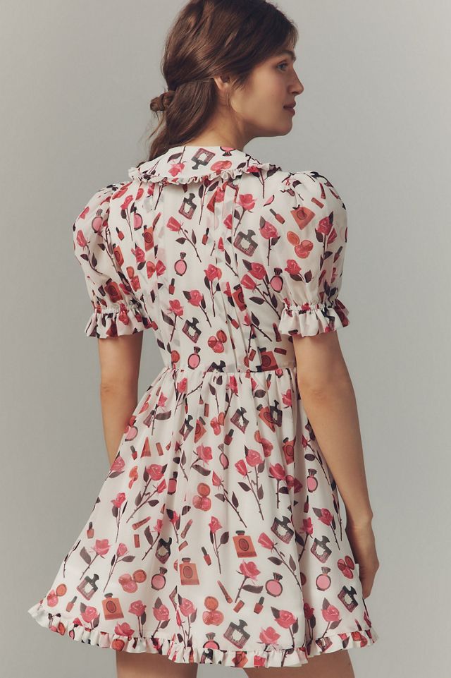 Maeve Makhoul Puff-Sleeve Collared Bow-Front Pleated Mini Dress #1