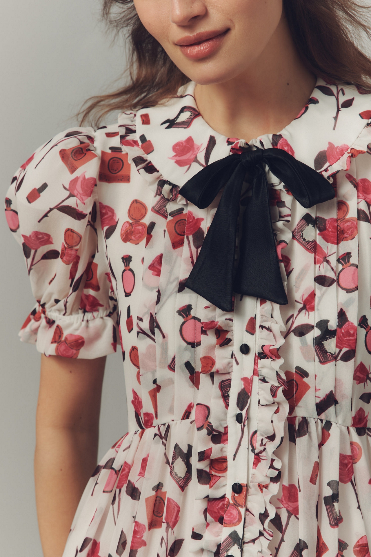 Maeve Makhoul Puff-Sleeve Collared Bow-Front Pleated Mini Dress
