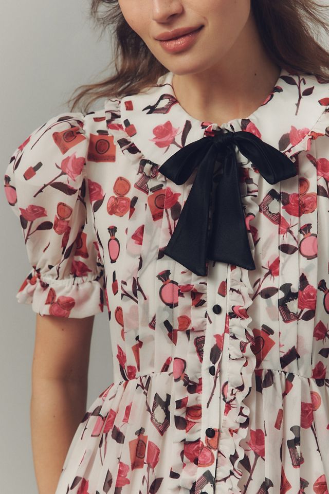 Maeve Makhoul Puff-Sleeve Collared Bow-Front Pleated Mini Dress #2
