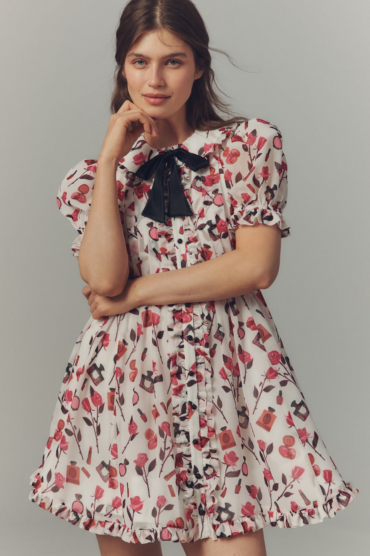 Maeve Makhoul Puff-Sleeve Collared Bow-Front Pleated Mini Dress
