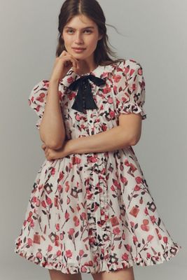 Maeve Makhoul Puff-Sleeve Collared Bow-Front Pleated Mini Dress