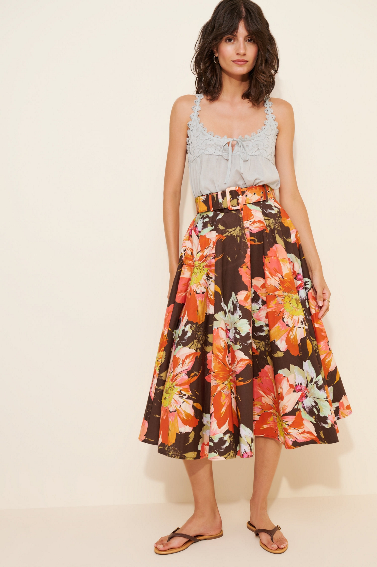 Hutch Full Floral Belted Midi Skirt