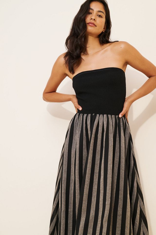 open lace back dress Stripe Pleated Strapless Linen Midi Dress from Moon River exclusive at –  Urbanheer main image 0