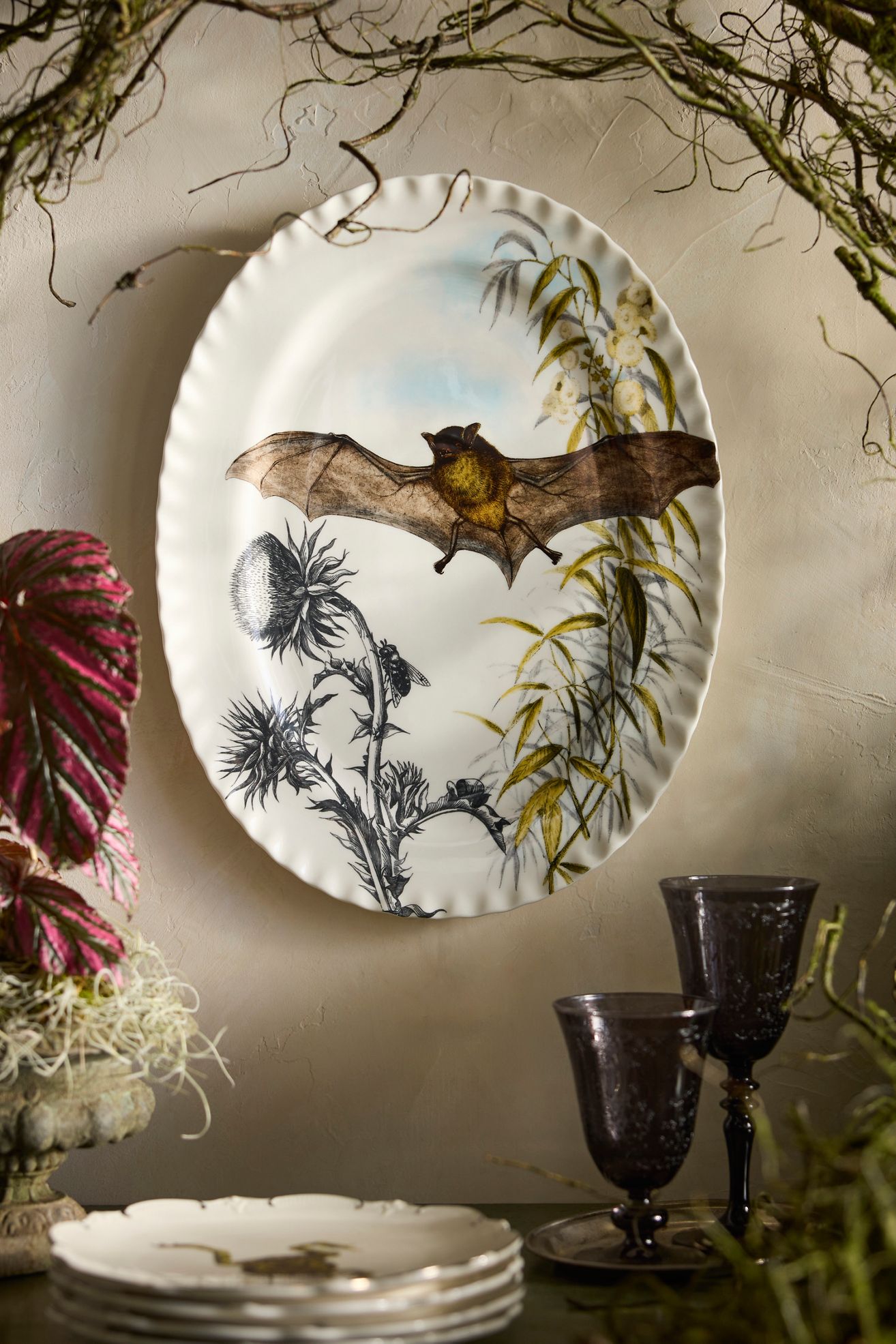 Halloween Bat Pinch Rim Serving Platter - Black, One Size