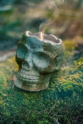 Mossy Skull Candle, Crackling Fireside