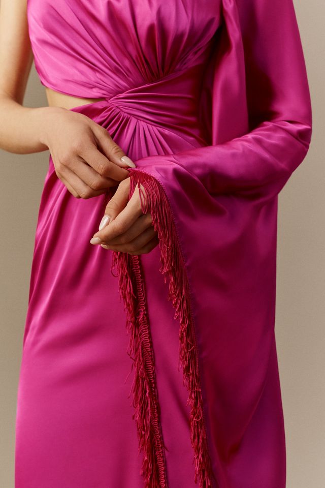Mac Duggal Purple Charmeuse Fringe Kaftan-Sleeve Gown #2