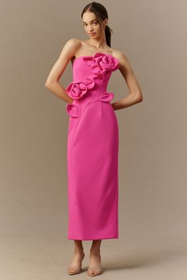 Mac Duggal Crepe Strapless 3D Floral Midi Dress