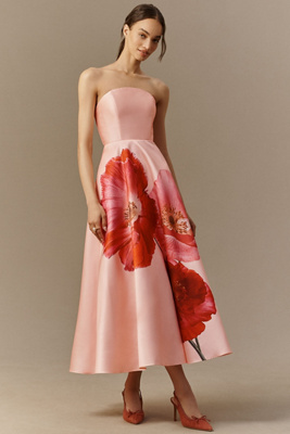 Pink Floral Strapless A-Line Midi Dress