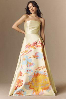 chinese dress ladies WEDTREND Women Dusty Blue Plus Size Long Prom Dress with Slit A Line  Strapless Corset Floral Jacquard Satin Wedding Party Dress with Lace Up Back main image 0