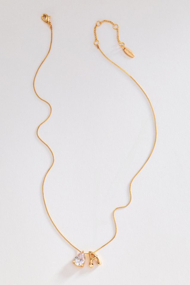 Bubble Initial & Pear-Cut Stone Necklace #2