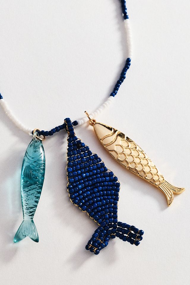 Ceramic Beaded Fish Pendant Necklace #1