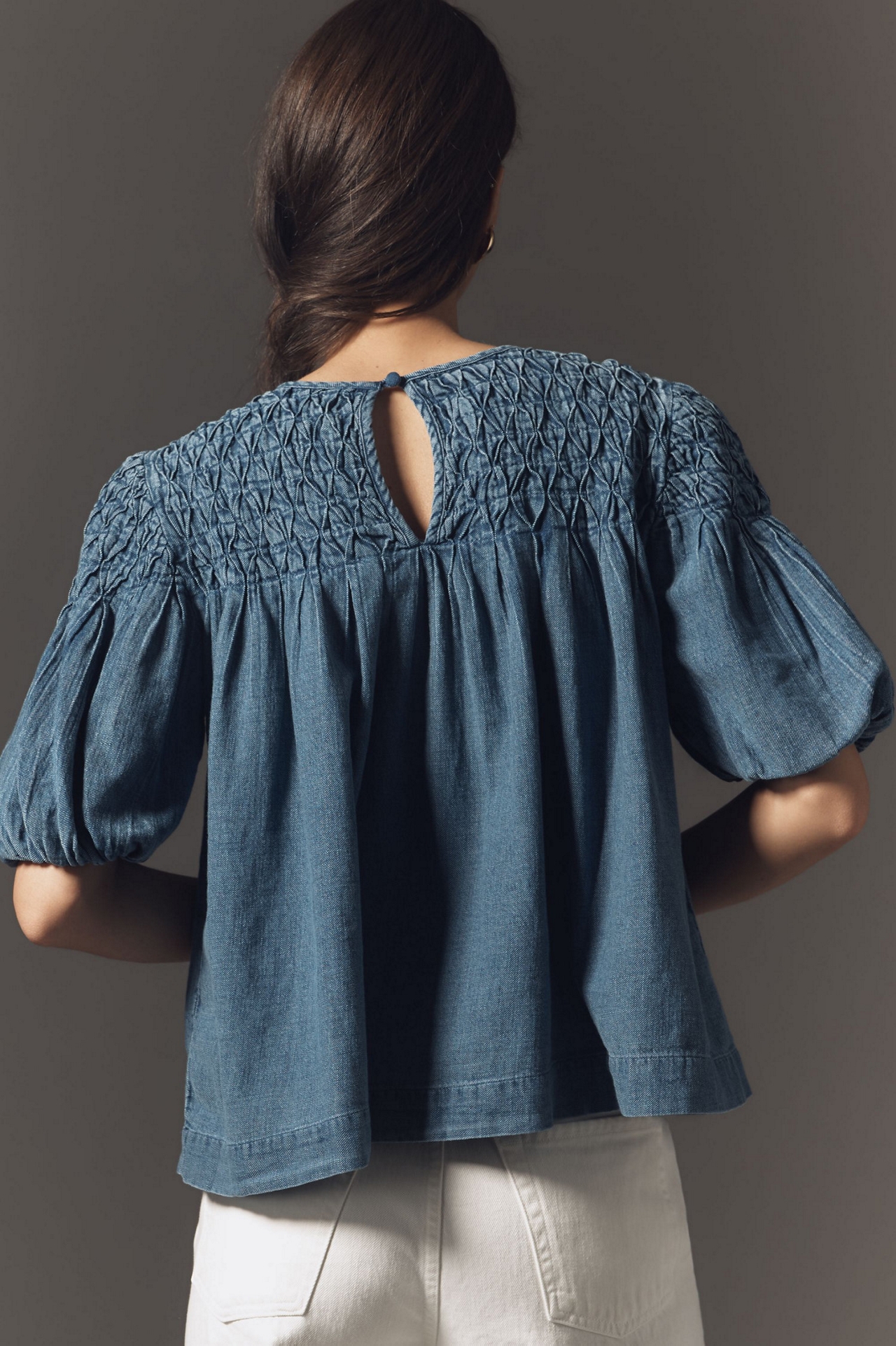 The Liza Smocked Puff-Sleeve Denim Blouse