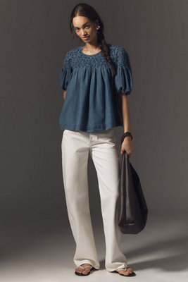 The Liza Smocked Puff-Sleeve Denim Blouse | Anthropologie