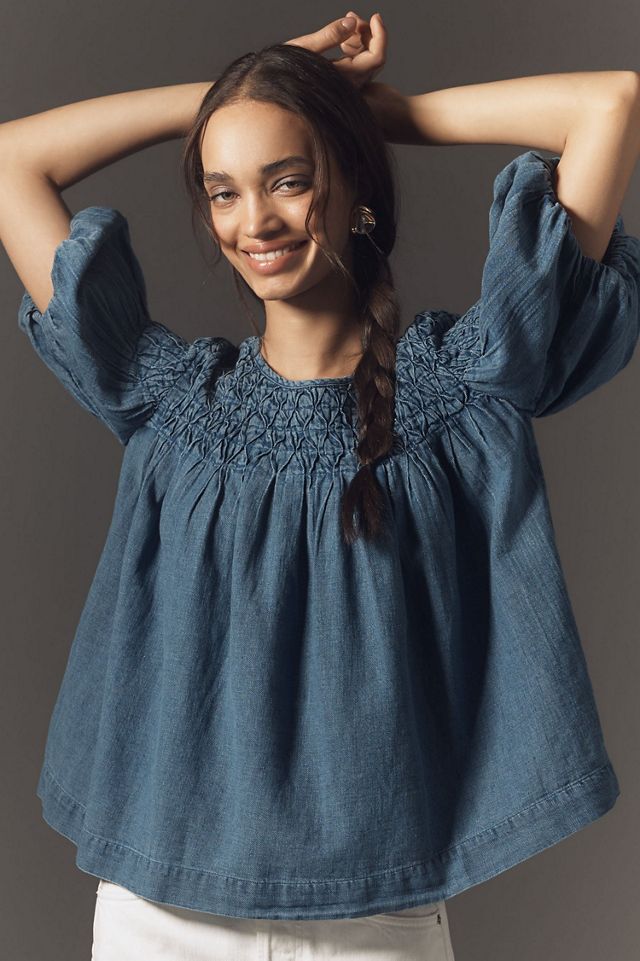 The Liza Smocked Puff-Sleeve Denim Blouse #3