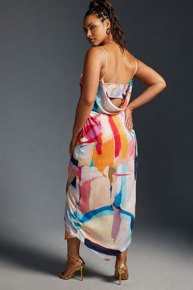illusion floral ruched cowl neck midi dress Cider Illusion Floral Ruched Cowl Neck Midi Dress Size S